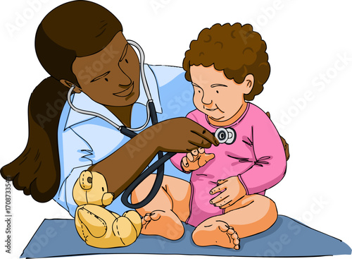 A pediatrician is checking a child. Vector illustration.