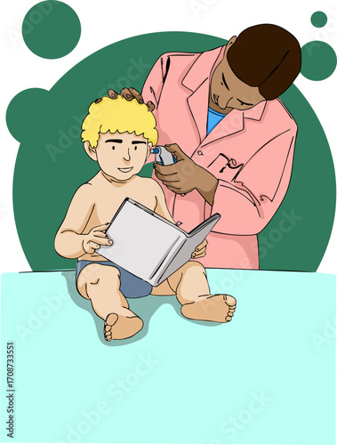 An ENT doctor is checking a child's ear. Vector illustration.
