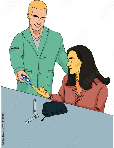 A doctor is checking a patient's blood sugar level. Vector illustration.
