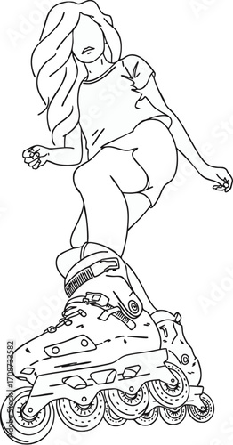 A black-and-white illustration of a girl on rollerblades. Vector illustration.