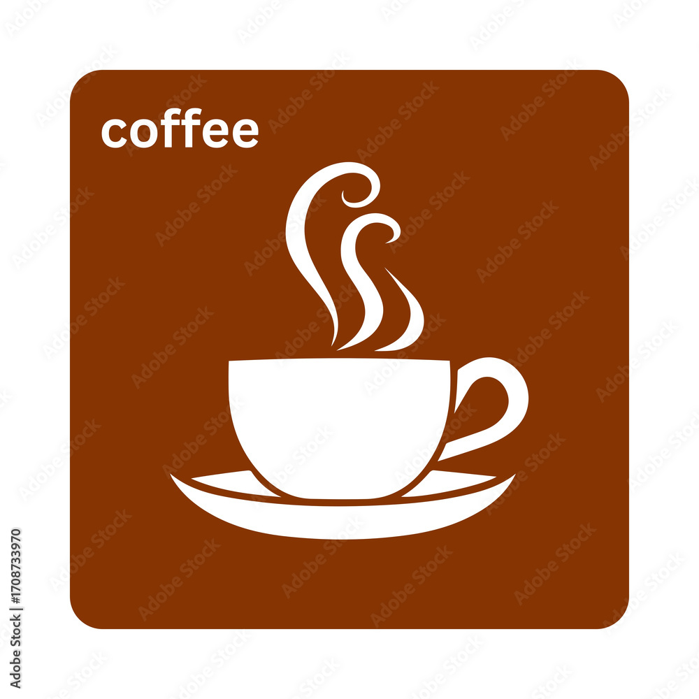 Obraz premium White cup of hot steaming coffee on a brown background with the word coffee