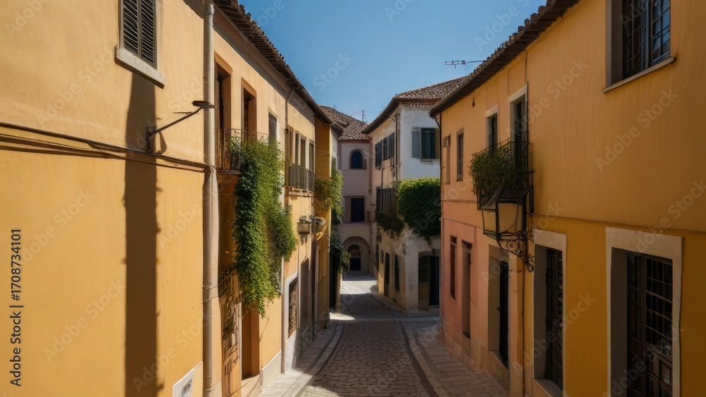 Fototapeta premium Charming narrow street in an Italian village on a sunny day, showcasing colorful buildings and vibrant greenery