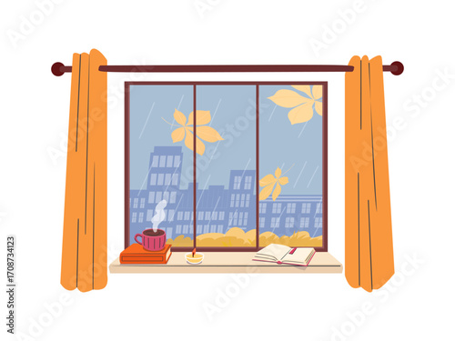 Cozy window scene with falling autumn leaves hot drink book and candle on windowsill against rainy cityscape background with orange curtains