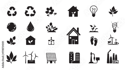 Eco friendly sustainable living icons vector set for environment and green energy concept design elements