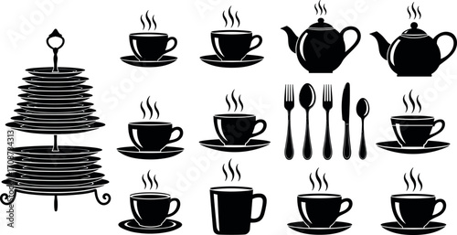 Tea and Coffee Silhouette Icons with Steam, Cups, Teapots, Cutlery and Tiered Stand for Elegant Beverage Service Design