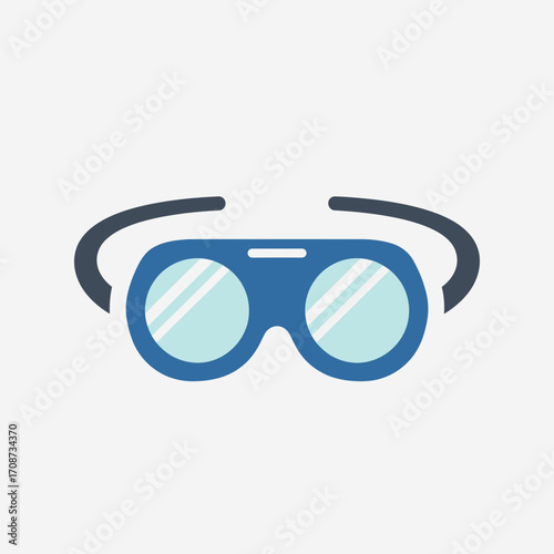 Blue virtual reality headset with circular motion lines on a white background.