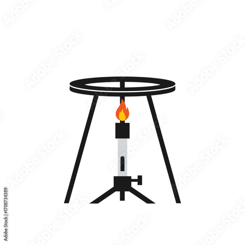 Illustration of a burner with flame on a tripod against a white background.