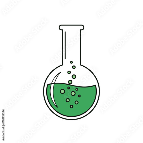 Round bottom flask with green liquid and bubbles on a white background.