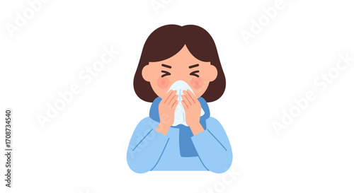 Illustration of a young woman with a cold or flu sneezing into a tissue. Seasonal sickness concept