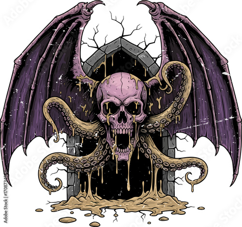 Gothic Skull with Bat Wings and Octopus Tentacles Emerging from a Stone Portal.