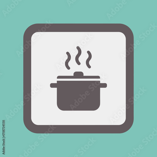Icon of a cooking pot with steam on a white square background.