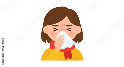 Illustration of a young woman feeling sick with a cold, sneezing into a tissue, health and illness concept
