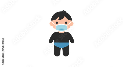 Vector illustration of an adorable baby boy wearing a blue surgical face mask for health and safety
