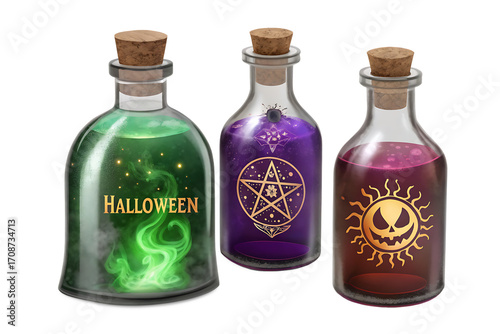 Three halloween potion bottles with glowing liquids and spooky symbols isolated on transparent background