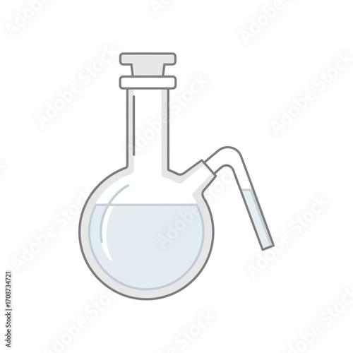 Round bottom flask with liquid and a side arm on a white background.