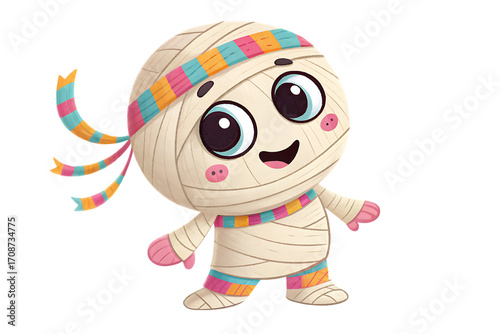Cute cartoon mummy character with colorful bandages smiling and waving isolated on transparent background