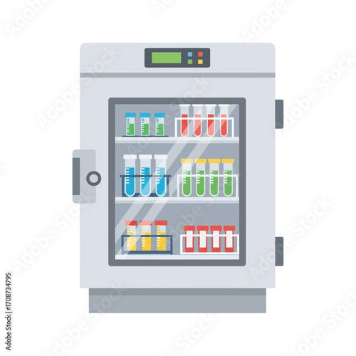 Refrigerator with glass door displaying various beverages inside on shelves.