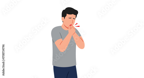Man Experiencing Coughing Fit, Illustrated on White Background, Symbolizing Sickness and Health