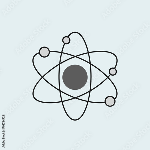 Atom model with nucleus and orbiting electrons on a light blue background.