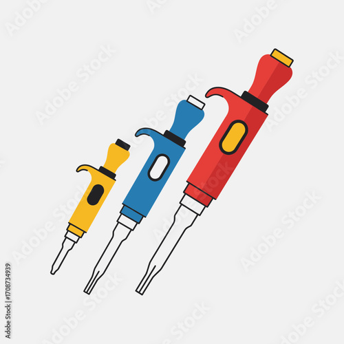 Three colorful pipettes used for scientific experiments on a white background.