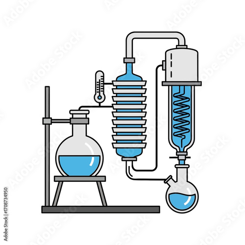 Scientific distillation setup with flasks condenser and liquid in a minimalist style.