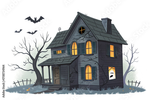 Spooky victorian haunted house with glowing windows and ghostly apparition isolated on transparent background
