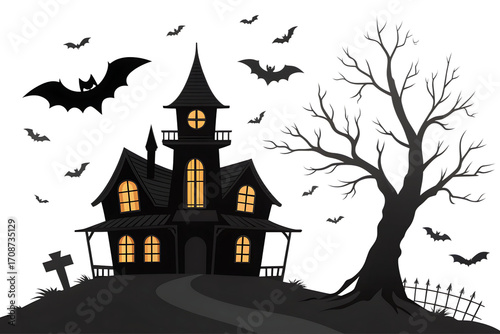 Spooky haunted mansion with glowing windows and bare tree under a dark night sky with flying bats isolated on transparent background