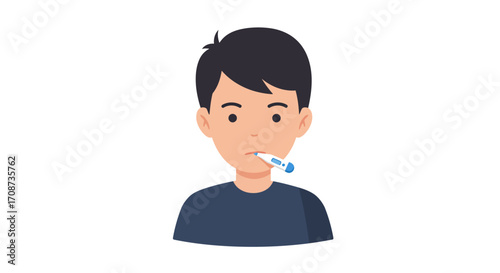 Illustration of a boy with dark hair and a thermometer in his mouth, indicating illness