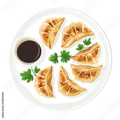 Delicious Pan-Fried Dumplings with Soy Sauce and Fresh Cilantro Garnish on a White Plate on transparent background