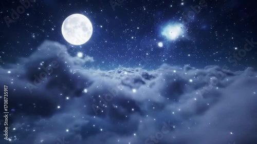 Abstract night sky filled with glowing stars and moving clouds with large white moon. Calming fantasy background seamless loop.
