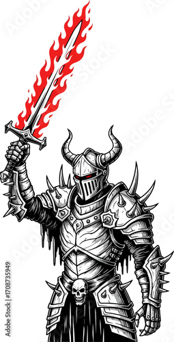 Horned Knight Raising a Flaming Sword Adorned with Spikes and Skull.