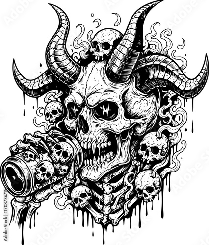 Horned Skull with Beer Can and Skulls Dripping Ink Intricate Black and White Design.