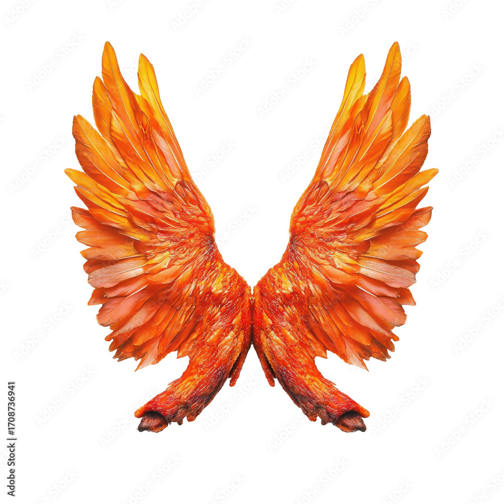 Fototapeta premium Vibrant Orange Feathered Wings Symbolizing Freedom and Beauty on transparent background