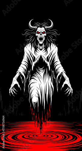 Horned spectral figure with red eyes emerging from bloodred water.