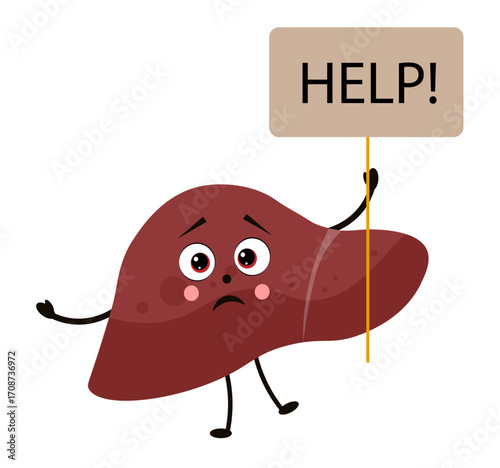 Liver with a face. Liver disease concept. Cirrhosis, hepatitis, steatosis