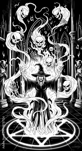 Monochrome Witch Conjuring Spectral Skulls Above a Pentagram in Gothic Setting.