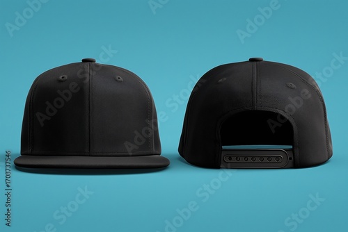 A black snapback cap mockup from the front and back on a blue background