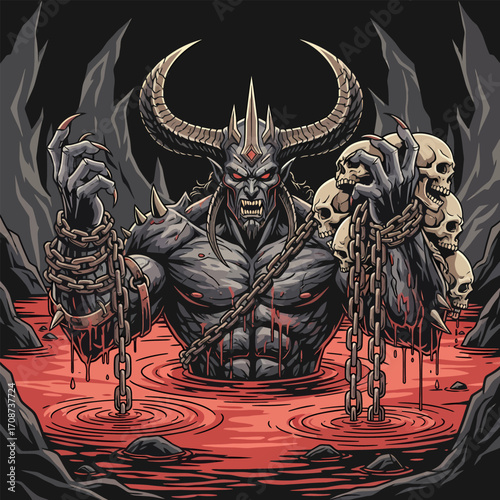 Muscular horned demon in a blood pool holding skulls with chains.