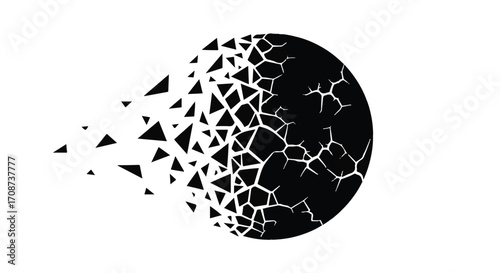 Abstract black sphere fragmenting into geometric shapes against white background