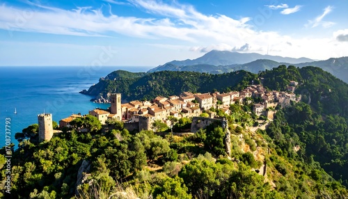 Coastal hilltop village in Europe with orange rooftops, lush greenery, and blue sea