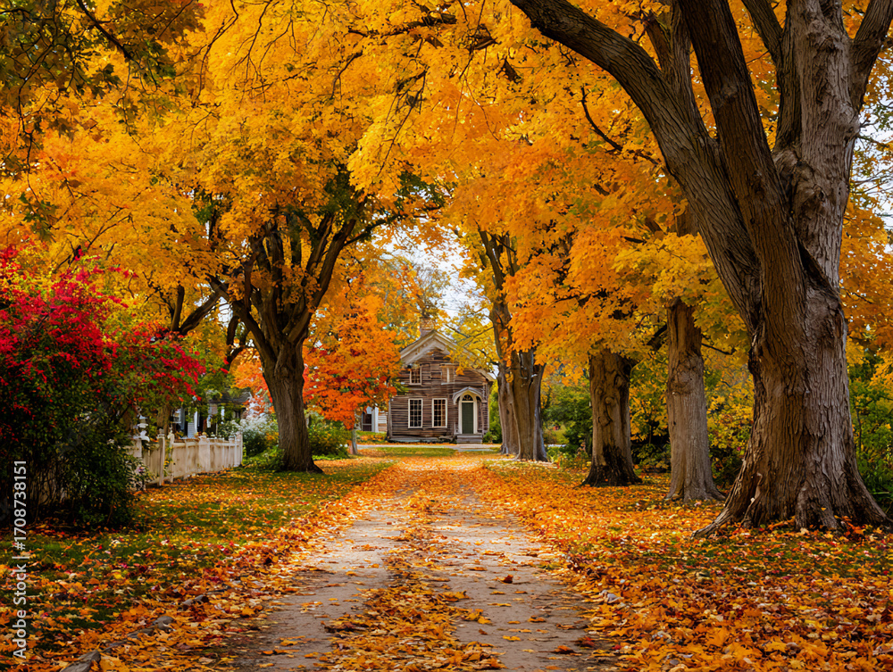 Fototapeta premium Autumn Street with Yellow and Red Leaves