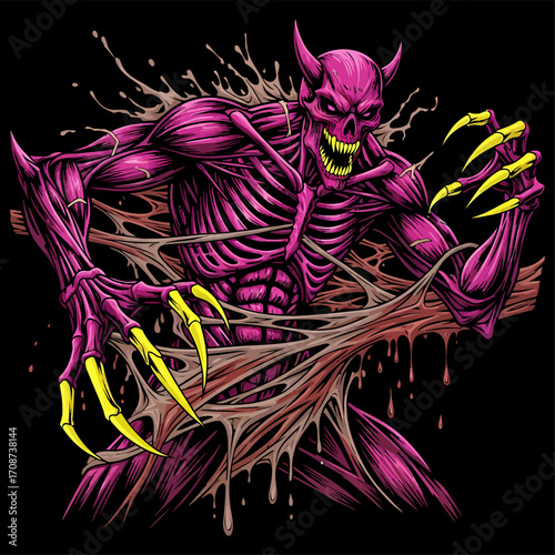 Sinister Pink Demon with Yellow Claws Emerging from Viscous Material.