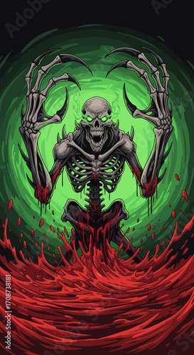 Sinister Skeleton with Glowing Eyes and Bloodied Claws Emerging from Crimson Pool.