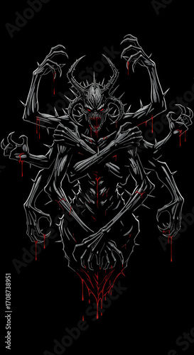 Spiked Demon with Red Eyes and Multiple Arms Dripping Blood.