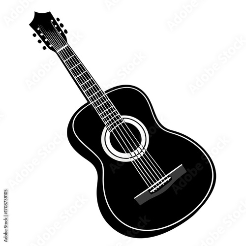 Black silhouette vector of acoustic guitar with bold shape and sharp edges isolated on white background for logos tattoos and branding,
Acoustic Guitar Vector Logo,
Bold Guitar Silhouette,
Minimal Gui