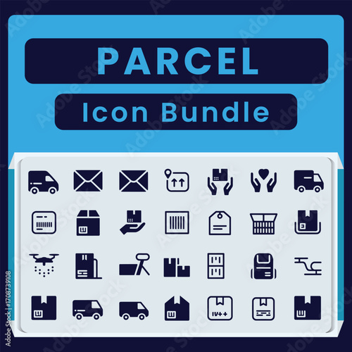 Dark blue and light blue graphic with text P A R C E L Icon Bundle and rows of dark blue shipping and delivery icons