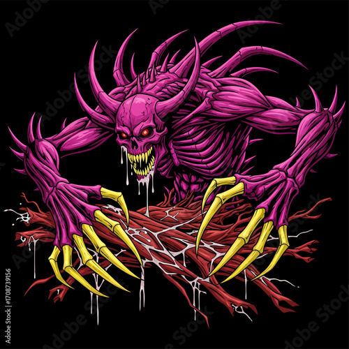 Spiked Pink Demon with Dripping Fangs and Yellow Claws Emerging from Tendrils.