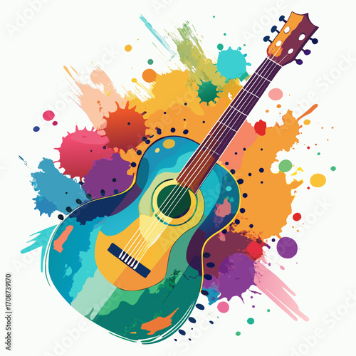 Colorful vibrant watercolor vector illustration of guitar with artistic splashes and soft texture for music-themed prints and posters,
Watercolor Guitar Art Vector,
Vibrant Guitar Illustration,
Creati