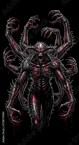Spiked MultiArmed Demon with Crimson Splatters and Glowing Red Eyes.