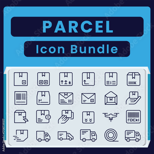 Parcel delivery service icons including boxes envelopes trucks drone and barcode parcel icon bundle shipping